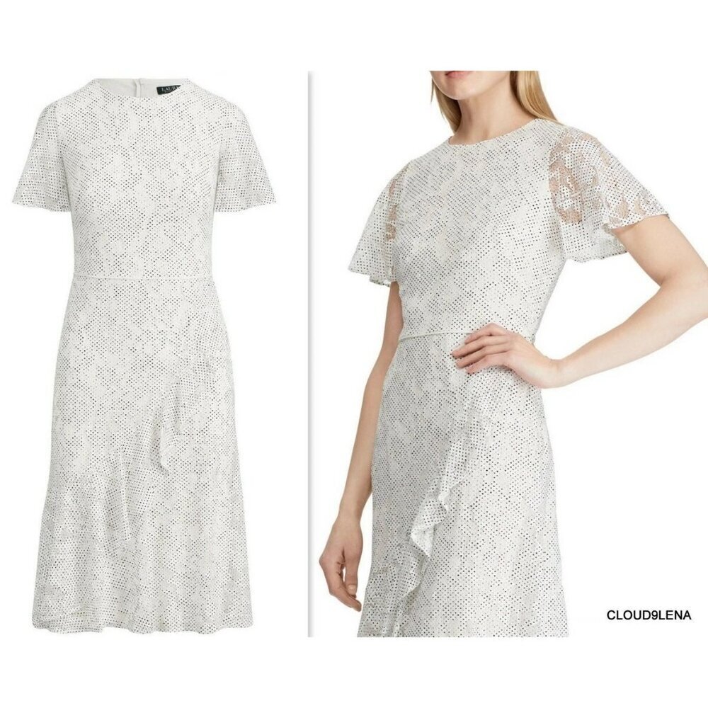 Lauren Ralph Lauren womens flutter sleeve dress 4 white black polka dot lace